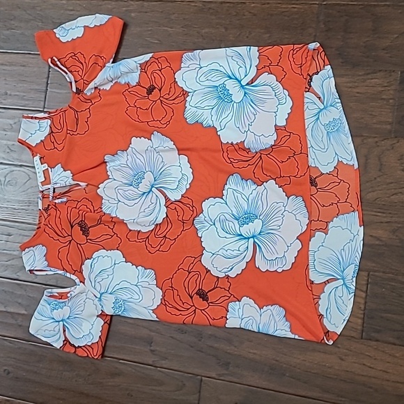 Chaus Reddish Orange Floral Cold Shoulder Blouse size Medium - Picture 1 of 8